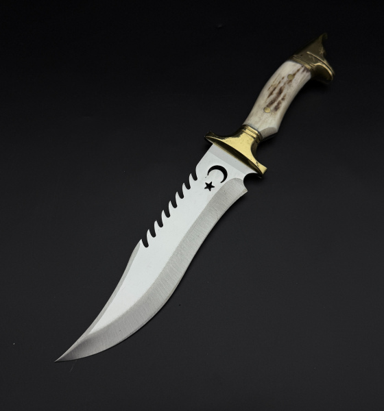 kurt başlı pirinç  balçak orijinal geyik boynuzu kabze 4116 çelik ay yıldız işlemeli komando bıçağı